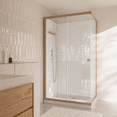 AURLANE Cabina Doccia Rettangolare 110x80x200/230cm Effetto Legno E Fondo Bianco - Piatto Doccia Basso AURLANE Cabina Doccia Rettangolare 110x80x200/230cm Effetto Legno E Fondo Bianco - Piatto Doccia Basso