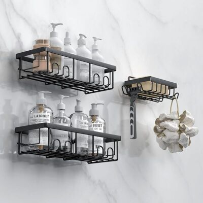 XISRENS Set Di 3 Accessori Per Il Bagno Di Colore Nero, Mensola Adesiva Con Ganci, Non È Necessaria La Foratura Per L'Installazione In Doccia. XISRENS Set Di 3 Accessori Per Il Bagno Di Colore Nero, Mensola Adesiva Con Ganci, Non È Necessaria La Foratura Per L'Installazione In Doccia.