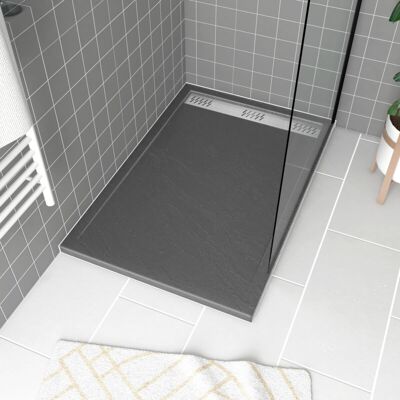 AURLANE - Piatto Doccia In Acrilico Grigio Effetto Pietra 80x120x4 Cm - Griglia Lineare Cromata - Meteora AURLANE - Piatto Doccia In Acrilico Grigio Effetto Pietra 80x120x4 Cm - Griglia Lineare Cromata - Meteora