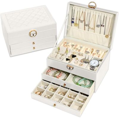 OEM Portagioie, Organizer Per Gioielli Con 2 Cassetti, Scatola Portagioie In Pelle A 3 Strati Con Serratura, Scatola Portagioie Per Collane, Orecchini, Bracciali, Bianca OEM Portagioie, Organizer Per Gioielli Con 2 Cassetti, Scatola Portagioie In Pelle A 3 Strati Con Serratura, Scatola Portagioie Per Collane, Orecchini, Bracciali, Bianca