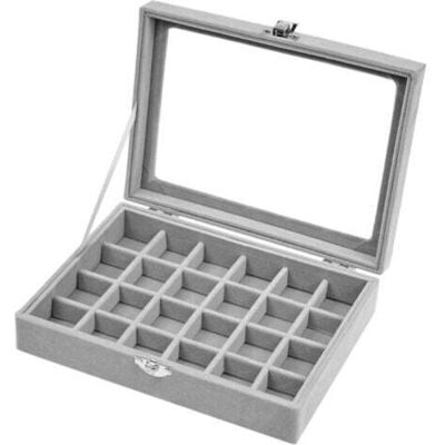 OEM Portagioie In Velluto Grigio Con 24 Scomparti E Coperchio In Vetro: Elegante Contenitore Per Anelli, Orecchini, Bracciali, Orologi E Collane. OEM Portagioie In Velluto Grigio Con 24 Scomparti E Coperchio In Vetro: Elegante Contenitore Per Anelli, Orecchini, Bracciali, Orologi E Collane.
