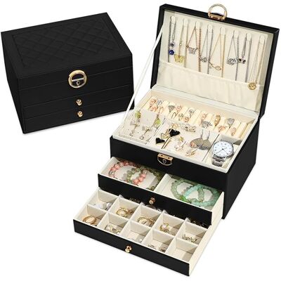 OEM Portagioie, Organizer Per Gioielli Con 2 Cassetti, Scatola Portagioie In Pelle A 3 Strati Con Serratura, Scatola Portagioie Per Collane, Orecchini, Bracciali, Nera OEM Portagioie, Organizer Per Gioielli Con 2 Cassetti, Scatola Portagioie In Pelle A 3 Strati Con Serratura, Scatola Portagioie Per Collane, Orecchini, Bracciali, Nera