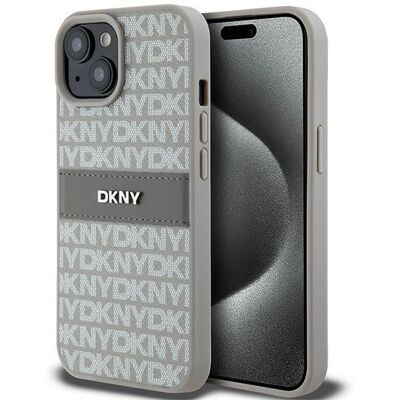 Custodia dura beige DKNY per iPhone 15 - Motivo pelle e logo metallico Custodia dura beige DKNY per iPhone 15 - Motivo pelle e logo metallico