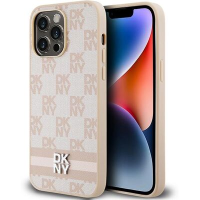 Custodia in Pelle Rosa a Quadri e Strisce per iPhone 14 Pro Max - DKNY Custodia in Pelle Rosa a Quadri e Strisce per iPhone 14 Pro Max - DKNY