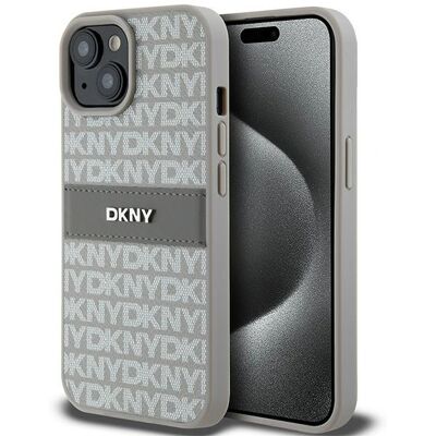 Custodia dura beige DKNY per iPhone 15 - Motivo pelle e logo metallico Custodia dura beige DKNY per iPhone 15 - Motivo pelle e logo metallico