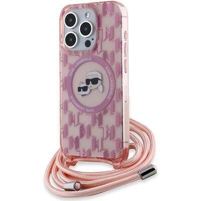 Custodia rigida rosa per iPhone 15 Pro di Karl Lagerfeld con monogramma e MagSafe Custodia rigida rosa per iPhone 15 Pro di Karl Lagerfeld con monogramma e MagSafe