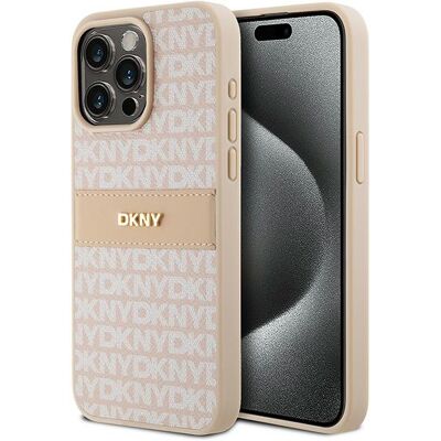 Custodia in pelle rosa DKNY per iPhone 15 Pro Max - Design a strisce e logo in metallo Custodia in pelle rosa DKNY per iPhone 15 Pro Max - Design a strisce e logo in metallo