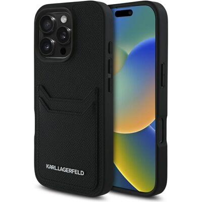 Custodia per iPhone 16 Pro Karl Lagerfeld PU granulato con slot per carte Custodia per iPhone 16 Pro Karl Lagerfeld PU granulato con slot per carte