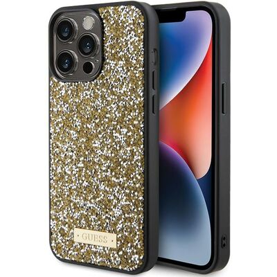 Guess Custodia per iPhone 15 Pro Max Logo in Metallo e Strass Giallo Guess Custodia per iPhone 15 Pro Max Logo in Metallo e Strass Giallo