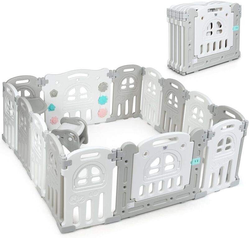 GOPLUS Box per Bambini Pieghevole, con Tavolo e Sgabello, Barriera di Sicurezza per Bambini, Struttura Stabile, Recinto Plastica, 12 + 2 Pannelli, 151 x 151