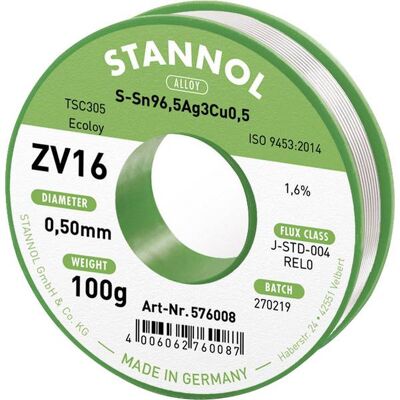 Filo saldatura ZV16 di Stannol - Senza alogeni, 0,5mm, 100g Filo saldatura ZV16 di Stannol - Senza alogeni, 0,5mm, 100g