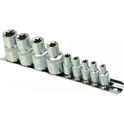 IMPORT Set Di 9 Bussole Torx E4-16, 1/4 E 1/2" Su Una Striscia Geko (20) IMPORT Set Di 9 Bussole Torx E4-16, 1/4 E 1/2" Su Una Striscia Geko (20)