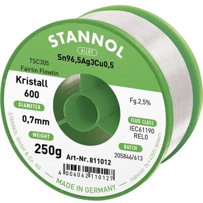 Stannol Kristall 600 Fairtin Filo di Saldatura - Senza Piombo, 0.7mm Stannol Kristall 600 Fairtin Filo di Saldatura - Senza Piombo, 0.7mm