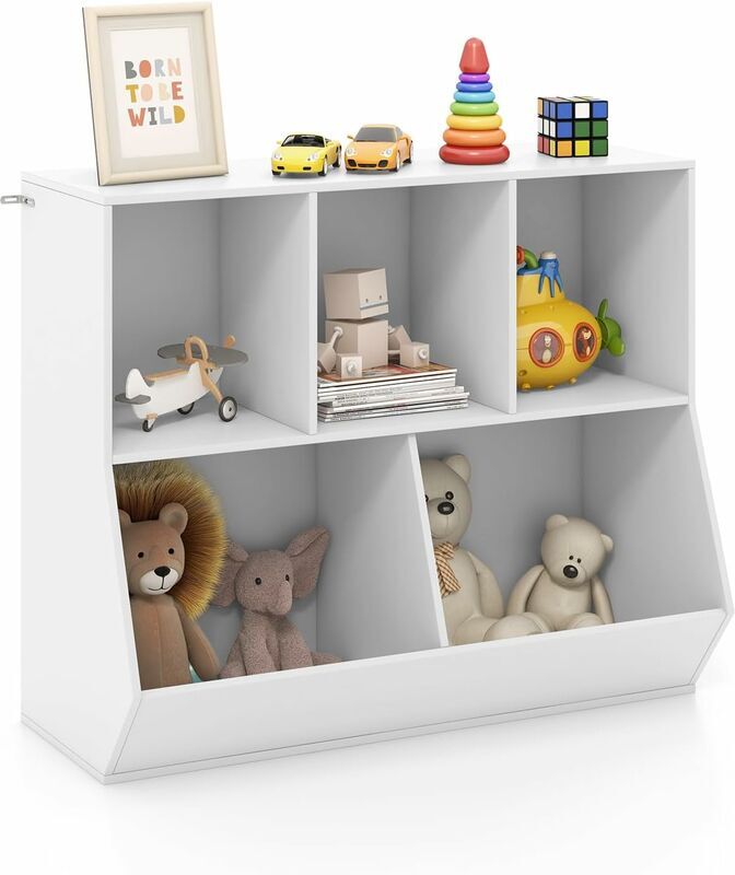 COSTWAY Libreria per Bambini con 5 Scomparti, Mobile Porta Giochi e Libri in Legno con Kit Antiribaltamento, Scaffale Libreria da Cameretta, Asilo Nido e