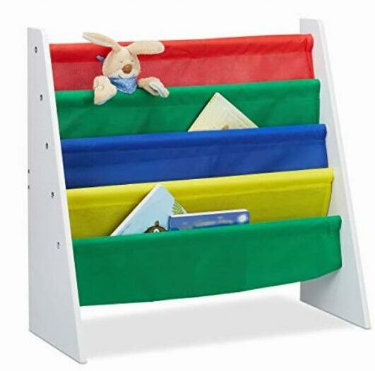 RELAXDAYS Libreria per Bambini, Scaffale Espositore, Mobiletto Libri e Giocattoli, in MDF+poliestere, 4 Scompartimenti in Tessuto, Colorato -