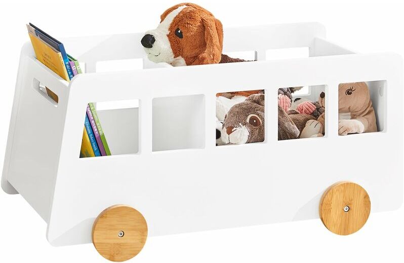 SOBUY Portagiochi Carrello Libreria per Bambini, Organizzatore di Libri a 2 Scomparti con Ruote per Asilo Nido, Bianco, KMB41-W -