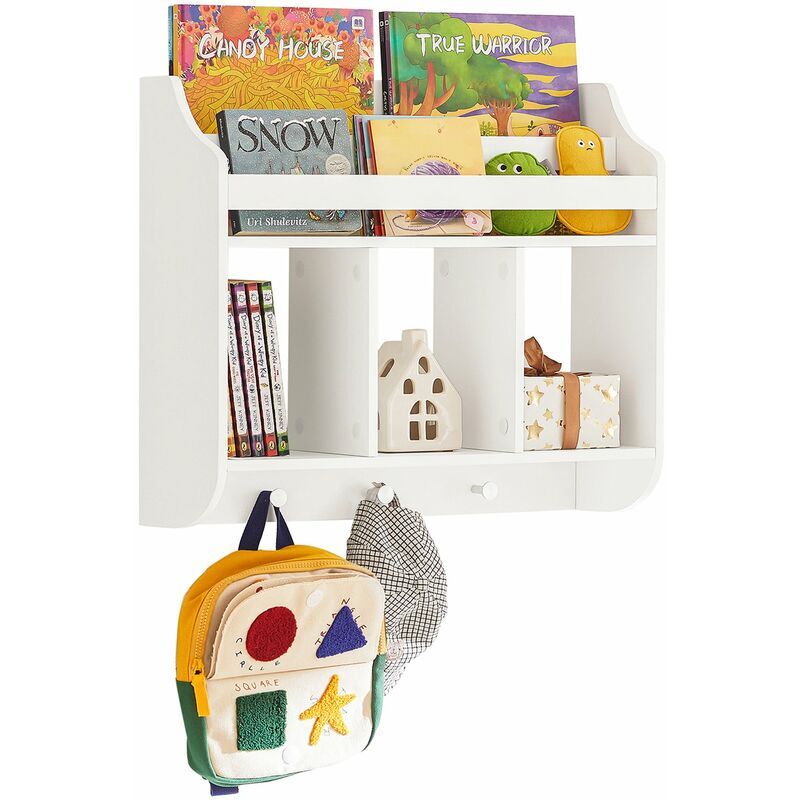 SOBUY Scaffale per bambini Scaffale a muro con 3 ganci Armadio con ripiani per libri e decorazioni Bianco 60x18x51cm KMB46-W -