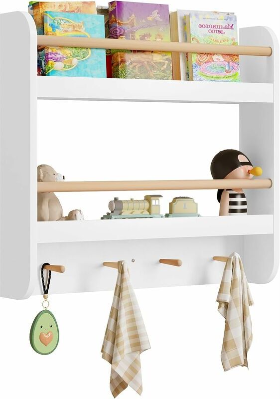 WOLTU Libreria per Bambini da Parete. Porta Libri per Cameretta a 2 Ripiani. Scaffale per Libri e Giocattoli con 4 Ganci. in mdf e Legno Massello. Bianco.