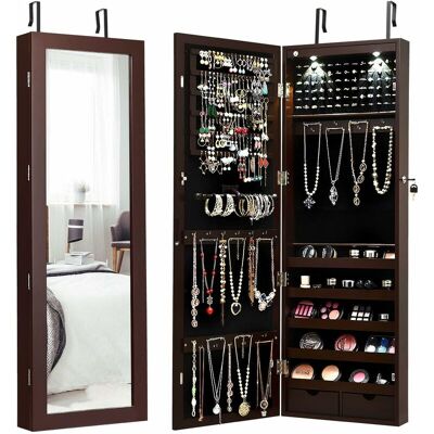 COSTWAY - Armadio Per Gioielli Con 2 Luci Led, Con Specchio A Figura, Organizer Montato Al Muro Con Ganci Regolabili Per Appendere, Armadio Portagioie Per Truccarsi (marrone) COSTWAY - Armadio Per Gioielli Con 2 Luci Led, Con Specchio A Figura, Organizer Montato Al Muro Con Ganci Regolabili Per Appendere, Armadio Portagioie Per Truccarsi (marrone)
