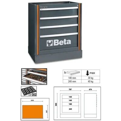 Beta C55m4 Modulo Fisso Con 4 Cassetti Per Arredo Officina - Beta C55m4 Modulo Fisso Con 4 Cassetti Per Arredo Officina -