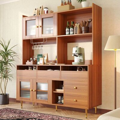 MODENVIE Credenza Alta Da Cucina Con 2 Ante, 2 Cassetti, Vani Aperti E Portabottiglie, Per Cucina, Mdf, 145×39×171 Cm MODENVIE Credenza Alta Da Cucina Con 2 Ante, 2 Cassetti, Vani Aperti E Portabottiglie, Per Cucina, Mdf, 145×39×171 Cm