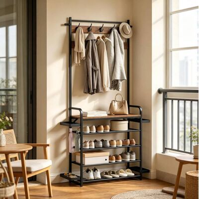 COVREO Appendiabiti Con Scaffali 104x30x190 Cm Nero E Marrone Rustico In Metallo Con 9 Ganci, Portascarpe E Vaschette Laterali COVREO Appendiabiti Con Scaffali 104x30x190 Cm Nero E Marrone Rustico In Metallo Con 9 Ganci, Portascarpe E Vaschette Laterali