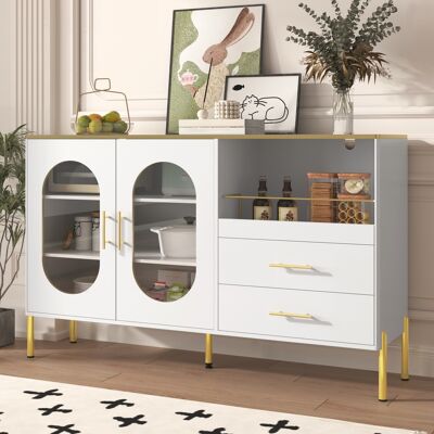 SOLKVUNZA Madia Bianca E Oro 140 Cm - Grande Mobile Contenitore Moderno Con 2 Ante Vetrate Ovali E 2 Cassetti Spaziosi SOLKVUNZA Madia Bianca E Oro 140 Cm - Grande Mobile Contenitore Moderno Con 2 Ante Vetrate Ovali E 2 Cassetti Spaziosi