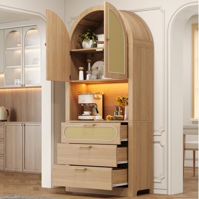 COVREO Credenza Vetrina 80x35x180 Cm Bianco E Rovere Chiaro In Mdf E Truciolare Con Ante In Rattan, Led Regolabile E 3 Cassetti COVREO Credenza Vetrina 80x35x180 Cm Bianco E Rovere Chiaro In Mdf E Truciolare Con Ante In Rattan, Led Regolabile E 3 Cassetti