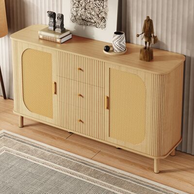 MODENVIE Madia Con 2 Ante E Cassetti, Frontali In Rattan E Passacavi, Per Soggiorno, Mdf, Naturale, 140×40×80 Cm MODENVIE Madia Con 2 Ante E Cassetti, Frontali In Rattan E Passacavi, Per Soggiorno, Mdf, Naturale, 140×40×80 Cm