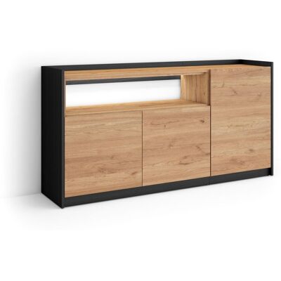 SKRAUT HOME - Credenza, Mobile, Cucina, Madia, Mobile Ingresso, 156x37x80cm, 3 Porte, Led, Stile Moderno, Rovere E Nero SKRAUT HOME - Credenza, Mobile, Cucina, Madia, Mobile Ingresso, 156x37x80cm, 3 Porte, Led, Stile Moderno, Rovere E Nero