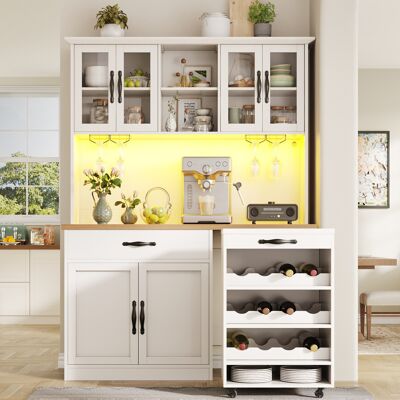 COVREO Credenza Da Cucina 140x38x180 Cm Bianca In Mdf Con Led, Portabicchieri, Portabottiglie E Carrello Estraibile COVREO Credenza Da Cucina 140x38x180 Cm Bianca In Mdf Con Led, Portabicchieri, Portabottiglie E Carrello Estraibile