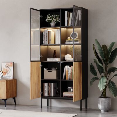 COVREO Vetrina 74x31x180 Cm Nero E Rovere In Truciolare E Vetro Temperato Con Led, Ante In Vetro Push-open E Ripiani Regolabili COVREO Vetrina 74x31x180 Cm Nero E Rovere In Truciolare E Vetro Temperato Con Led, Ante In Vetro Push-open E Ripiani Regolabili