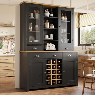 BEAOK Credenza Alta In Mdf E Vetro Nera 120x40x185 Cm Con 5 Cassetti, Portabottiglie Removibile, Anta In Vetro E Soft-close BEAOK Credenza Alta In Mdf E Vetro Nera 120x40x185 Cm Con 5 Cassetti, Portabottiglie Removibile, Anta In Vetro E Soft-close