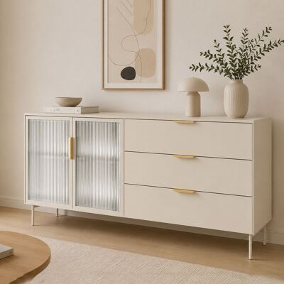 DMORA Credenza Hara, Madia Un Ripiano, 3 Cassetti, 2 Ante, 181x39x83h Cm Beige Cashmere DMORA Credenza Hara, Madia Un Ripiano, 3 Cassetti, 2 Ante, 181x39x83h Cm Beige Cashmere
