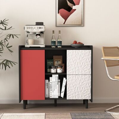 KELLANY Credenza/buffet, Mobile Contenitore Nero Con Ante Rosse, 2 Cassetti Con Pannello Dal Design Unico E 2 Vani A Giorno, Mobile Bar Moderno, Mobile D'Accento Per Cucina E Sala Da Pranzo. KELLANY Credenza/buffet, Mobile Contenitore Nero Con Ante Rosse, 2 Cassetti Con Pannello Dal Design Unico E 2 Vani A Giorno, Mobile Bar Moderno, Mobile D'Accento Per Cucina E Sala Da Pranzo.