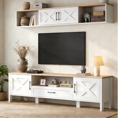 OKMYHOME Mobile Tv Con Vetrina Pensile 180 Cm Mdf Bianco OKMYHOME Mobile Tv Con Vetrina Pensile 180 Cm Mdf Bianco