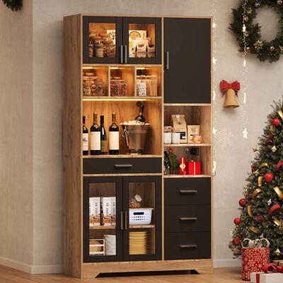 DREAMMESPACE Credenza Da Cucina In Stile Rustico - 185x100x40 Cm - Led E Prese Usb - Vetrina In Vetro - Nero E Naturale DREAMMESPACE Credenza Da Cucina In Stile Rustico - 185x100x40 Cm - Led E Prese Usb - Vetrina In Vetro - Nero E Naturale