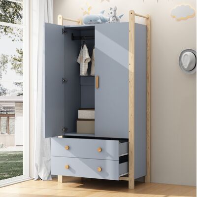 HAVRYA Armadio A 2 Ante Con Appendiabiti E 2 Cassetti, 89,6 X 44 X 180,5 Cm, Blu E Legno HAVRYA Armadio A 2 Ante Con Appendiabiti E 2 Cassetti, 89,6 X 44 X 180,5 Cm, Blu E Legno