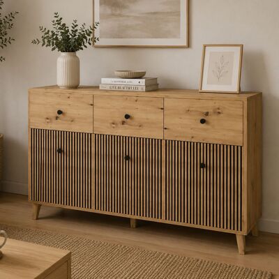 DMORA Credenza Lepa, Madia 3 Ripiani, 3 Cassetti, 6 Vani, 135x42x95h Cm Marrone Rovere DMORA Credenza Lepa, Madia 3 Ripiani, 3 Cassetti, 6 Vani, 135x42x95h Cm Marrone Rovere