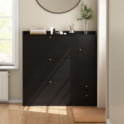 DREAMMESPACE Scarpiera Xxl - 119x24x122 Cm - Mobile Da Ingresso Con 3 Ante Ribaltabili, Cassetto E Panca Per Scarpe Integrata - Nero DREAMMESPACE Scarpiera Xxl - 119x24x122 Cm - Mobile Da Ingresso Con 3 Ante Ribaltabili, Cassetto E Panca Per Scarpe Integrata - Nero