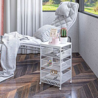 PZCC Carrello Portaoggetti A 3 Ripiani Con 3 Cestini Per Soggiorno E Sala Da Pranzo, 34x29,5x57,5 Cm, Bianco. PZCC Carrello Portaoggetti A 3 Ripiani Con 3 Cestini Per Soggiorno E Sala Da Pranzo, 34x29,5x57,5 Cm, Bianco.