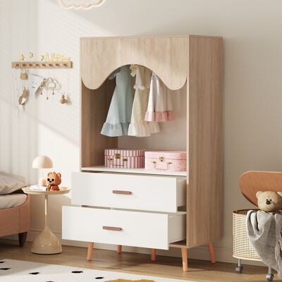 BEAOK Armadio Aperto Per Bambini In Mdf Bianco E Naturale, Con Barra Appendiabiti E 2 Cassetti, 80 X 46 X 141,5 Cm BEAOK Armadio Aperto Per Bambini In Mdf Bianco E Naturale, Con Barra Appendiabiti E 2 Cassetti, 80 X 46 X 141,5 Cm