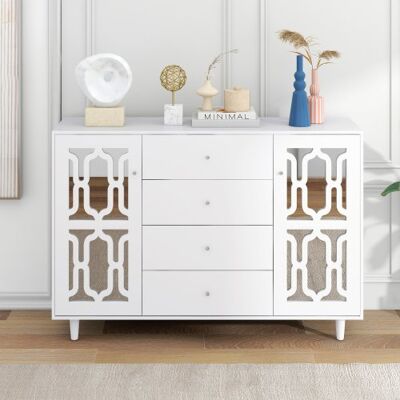 YULINLAND Buffet Bianco Con Specchio, Maniglie In Cristallo, Soggiorno/sala Da Pranzo – 147,5×40×102cm YULINLAND Buffet Bianco Con Specchio, Maniglie In Cristallo, Soggiorno/sala Da Pranzo – 147,5×40×102cm