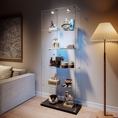 NMONET Vetrina In Vetro Temperato, Vetrina Da Esposizione A 5 Ripiani, Altezza 187 Cm, Credenza Con 2 Ante Scorrevoli, Serratura E Maniglia Metallica, Illuminazione Led Touch - Nero NMONET Vetrina In Vetro Temperato, Vetrina Da Esposizione A 5 Ripiani, Altezza 187 Cm, Credenza Con 2 Ante Scorrevoli, Serratura E Maniglia Metallica, Illuminazione Led Touch - Nero