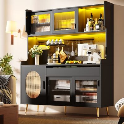 OKWISH Buffet, Armadio Da Appoggio, Mobile Da Cucina, Buffet, Con Striscia Luminosa Led, Pannello Forato Per L'Archiviazione, Porte In Vetro Cannelato, 5 Porte, 145x39x171 Cm - Nero OKWISH Buffet, Armadio Da Appoggio, Mobile Da Cucina, Buffet, Con Striscia Luminosa Led, Pannello Forato Per L'Archiviazione, Porte In Vetro Cannelato, 5 Porte, 145x39x171 Cm - Nero