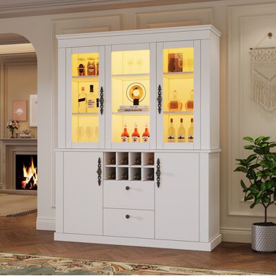 COVREO Vetrina 130x37.5x170.5 Cm Bianca In Vetro E Truciolare Con Led, 2 Cassetti, 4 Ante E 8 Portabottiglie COVREO Vetrina 130x37.5x170.5 Cm Bianca In Vetro E Truciolare Con Led, 2 Cassetti, 4 Ante E 8 Portabottiglie