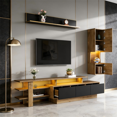 REDOM Set Mobile Tv 180x40x45 Cm, Modulare Con Led, Vetrina E Mensola Sospesa, Mdf, Nero E Legno Naturale REDOM Set Mobile Tv 180x40x45 Cm, Modulare Con Led, Vetrina E Mensola Sospesa, Mdf, Nero E Legno Naturale