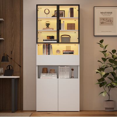 COVREO Vetrina 70x30x200 Cm Bianca In Truciolare Con Vetro, Led, Cassetto, Armadietto E Ripiani Aperti COVREO Vetrina 70x30x200 Cm Bianca In Truciolare Con Vetro, Led, Cassetto, Armadietto E Ripiani Aperti