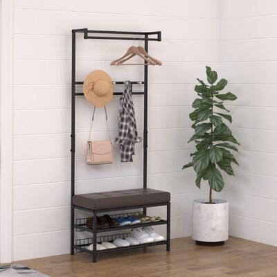 REDOM Appendiabiti Da Ingresso 72.5x35x180 Cm, Panca Imbottita, 5 Ganci, 2 Ripiani Per Scarpe, Metallo Nero REDOM Appendiabiti Da Ingresso 72.5x35x180 Cm, Panca Imbottita, 5 Ganci, 2 Ripiani Per Scarpe, Metallo Nero