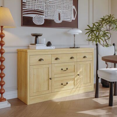 SOLKVUNZA Buffet 135x39,8x80 Cm, Credenza Moderna Con 5 Cassetti E 2 Ante Per Soggiorno E Cucina, Legno Massello, Naturale SOLKVUNZA Buffet 135x39,8x80 Cm, Credenza Moderna Con 5 Cassetti E 2 Ante Per Soggiorno E Cucina, Legno Massello, Naturale